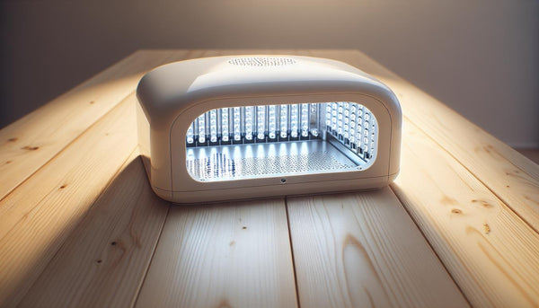Saubere Innenkammer einer offenen UV‑Lampe mit sichtbaren LED‑Arrays und geordneten Nagelwerkzeugen auf hellem Birkenholztisch – uv lampe nageldesign, minimalistisches, helles Setting.