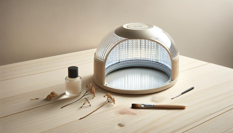 Nahaufnahme einer offenen uv-led lampe für nägel auf hellem Birkenholz, sichtbares LED‑Array, reflektierende Innenfläche, dezente pinke Akzente, ruhiges Tageslicht