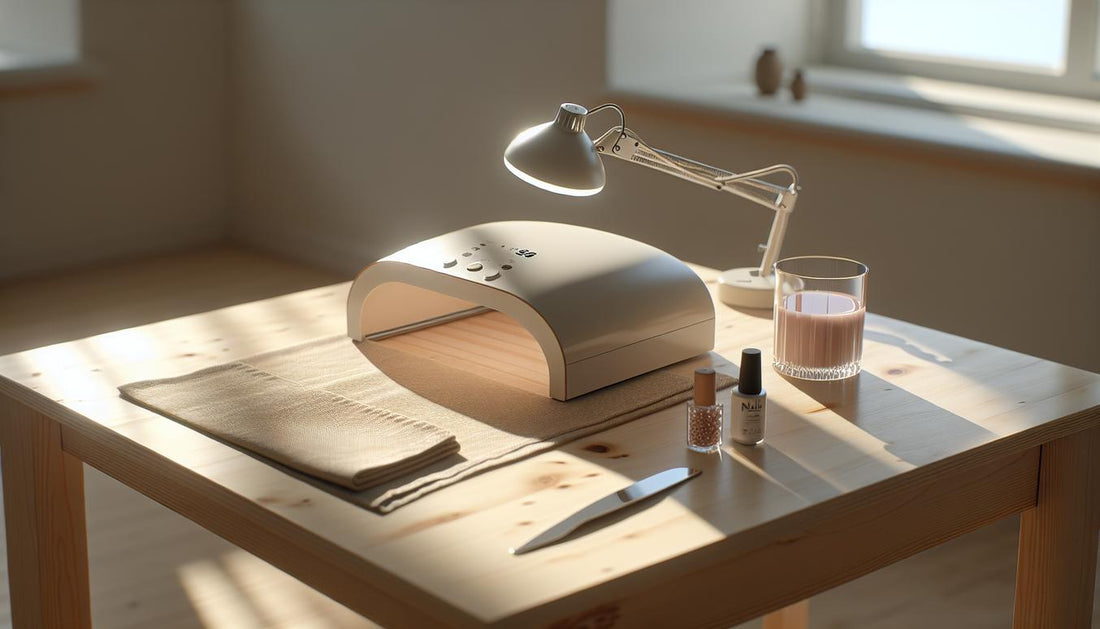 Nahaufnahme eines minimalistischen Nageltisches mit moderner LED‑Lampe, UV‑blockierender Brille, Timer und offenem Gel‑päckchen – Fokus: UV‑Licht für die Nägel