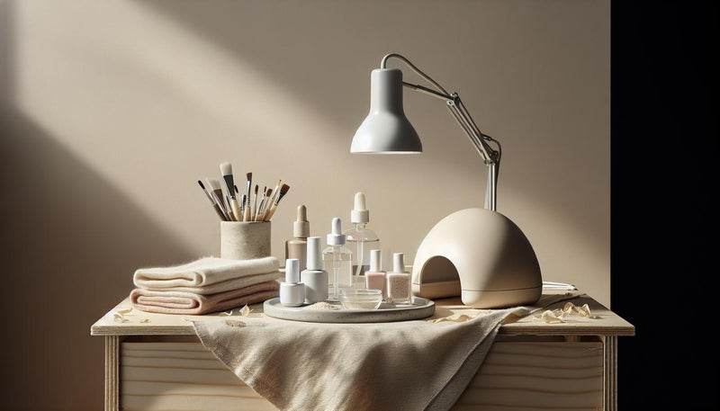 Minimalistische Nahaufnahme: LED/UV-Lampe, offene Gelfläschchen, Dehydrator‑Fläschchen und Microfasertuch auf hellem Holz – uv nagellack aushärten