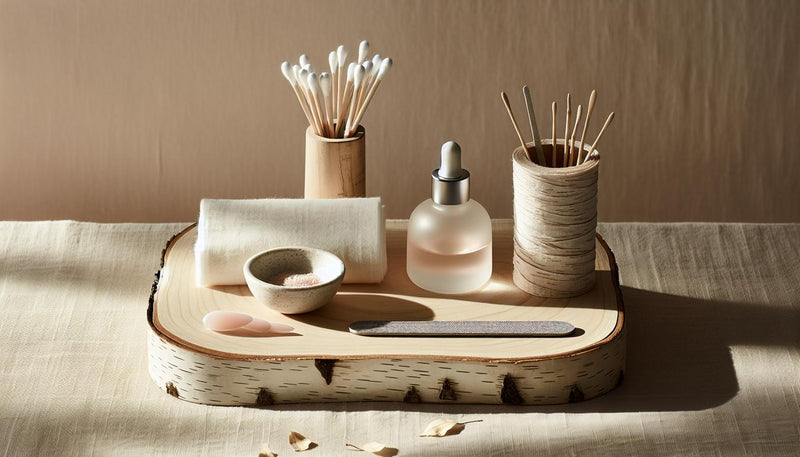 Nahaufnahme einer aufgeräumten Maniküre‑Station mit Baumwollpads, geschlossenen Alufolienrollen, Nagelöl‑Fläschchen und Feile auf hellem Holz – UV Nagellack entfernen