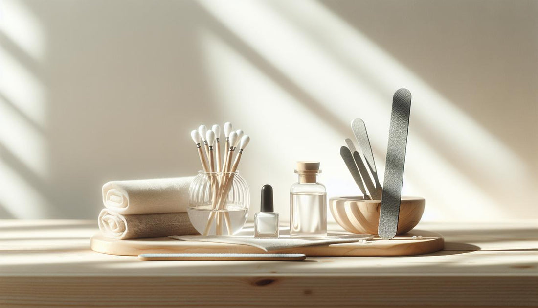 Aufgeräumter Nageltisch mit Feile, Buffer, Wattestücken in Aluminiumfolie, offener Nagelölflasche und kleinem Leinentuch auf hellem Holz – UV Nagellack entfernen