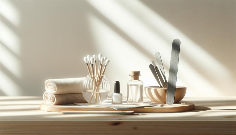 Aufgeräumter Nageltisch mit Feile, Buffer, Wattestücken in Aluminiumfolie, offener Nagelölflasche und kleinem Leinentuch auf hellem Holz – UV Nagellack entfernen