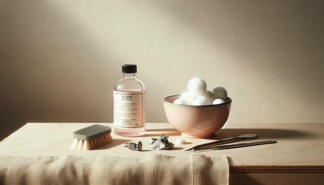 Stillleben mit Utensilien zum UV Nagellack entfernen: Baumwollpads in rosa Schale, offene Acetonflasche mit schwarzem Deckel, Aluminiumfolie, Orangestick und feiner Buffer auf hellem Holz.