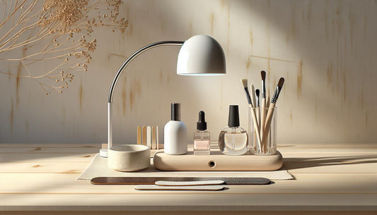 Nahaufnahme einer minimalistischen Maniküre-Station auf hellem Holz mit geöffneter UV/LED-Lampe, Glassiegel, Acetonschale, Nagelöl und Pinsel – UV-Nagellack Risiken.