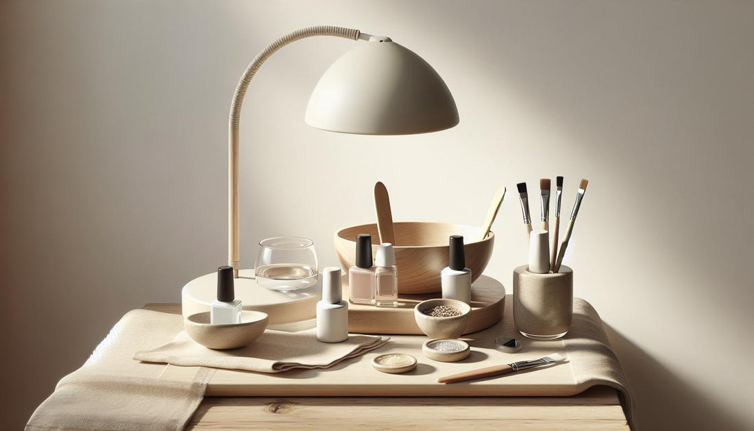 Minimalistische Nail-Station mit UV/LED-Lampe, drei offenen Gel-Fläschchen (Base, Farbe, Top), Nagelöl und feinem Pinsel auf hellem Holz – uv-nagellack rossmann