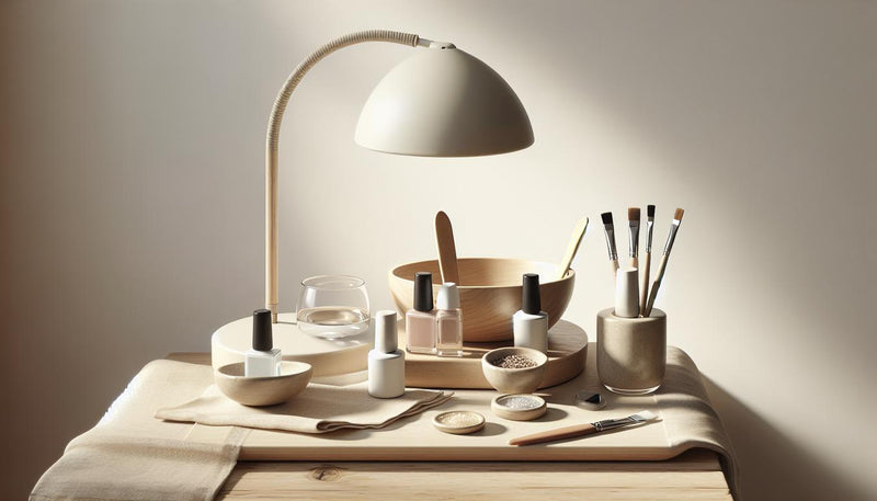 Minimalistische Nail-Station mit UV/LED-Lampe, drei offenen Gel-Fläschchen (Base, Farbe, Top), Nagelöl und feinem Pinsel auf hellem Holz – uv-nagellack rossmann