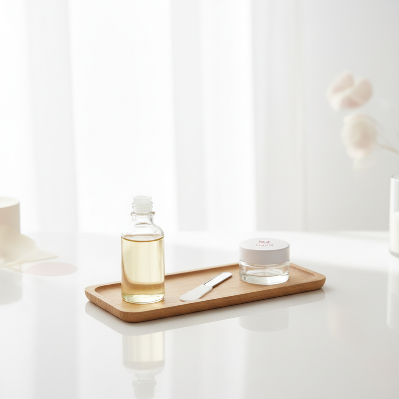 Minimalistisches Full‑Frame-Produktbild: Holztablett mit NailX Cuticle Oil, Glas mit Pflanzenöl und Sterilspatel auf weißem Hintergrund — Vaseline auf offene Wunden