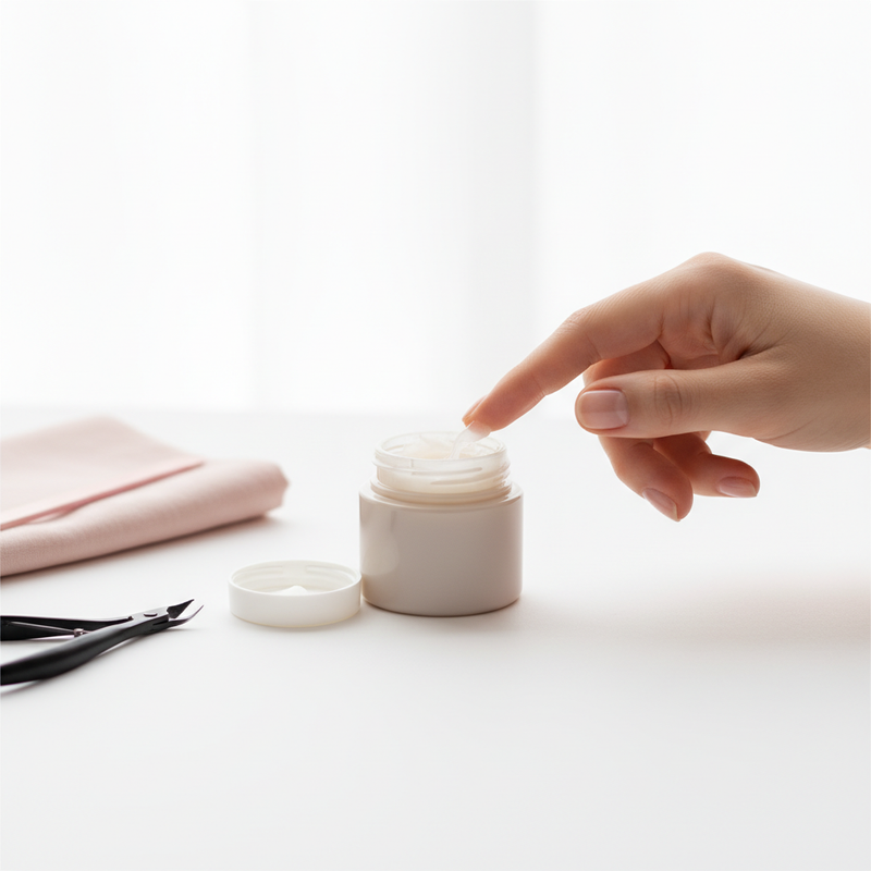 Nahaufnahme: Offenes Vaseline-Glas und gepflegte Hand, die Vaseline auf die Nagelhaut aufträgt – Vaseline entzündungshemmend, weißer Hintergrund, dezente rosa Akzente