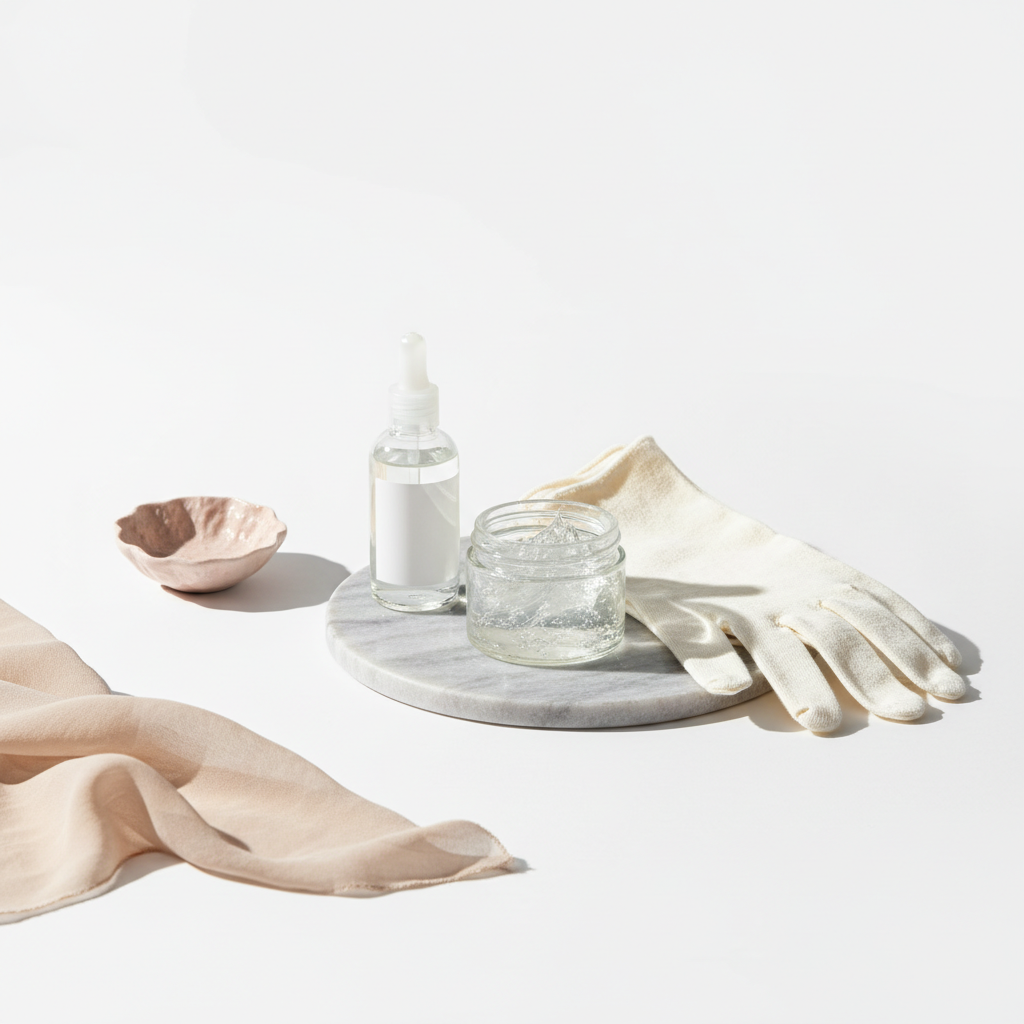 Minimalistisches Stillleben mit offenem Tiegel Vaseline für die Hände auf Holzplatte, gefalteten Baumwollhandschuhen und kleiner Glycerin-Lotion, weißer Hintergrund, soft pink Akzent.