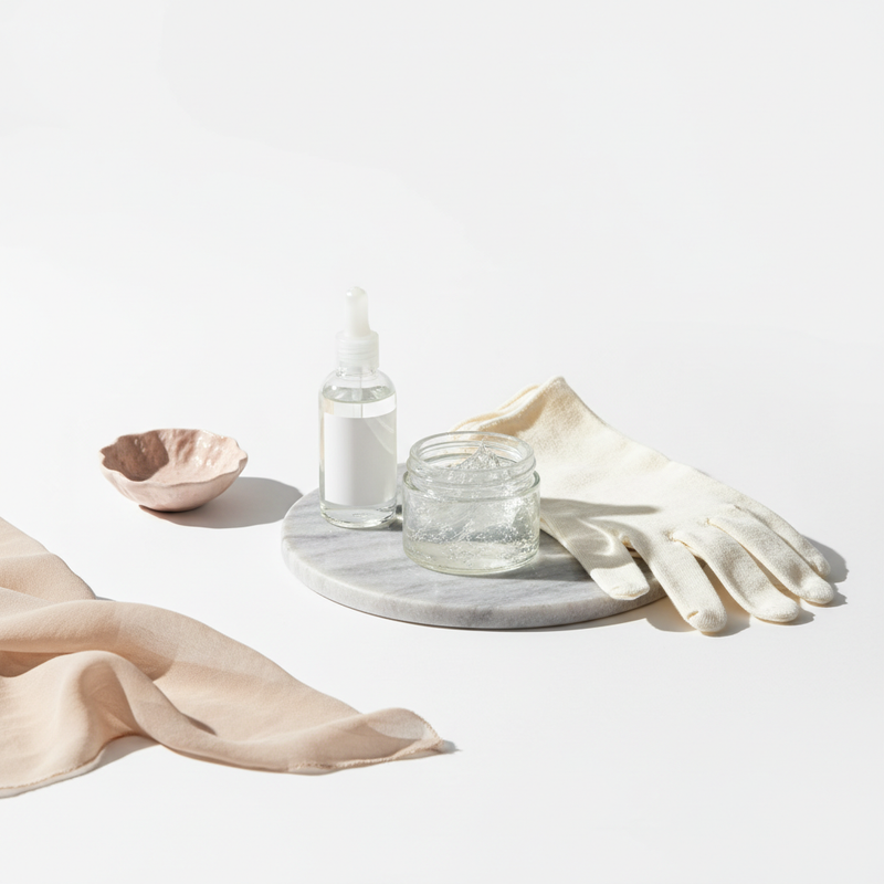 Minimalistisches Stillleben mit offenem Tiegel Vaseline für die Hände auf Holzplatte, gefalteten Baumwollhandschuhen und kleiner Glycerin-Lotion, weißer Hintergrund, soft pink Akzent.