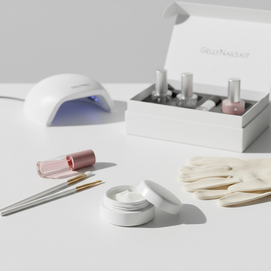 Minimalistisches Still‑Life mit offener Dose Vaseline, pastellfarbenen NailX‑Pinseln, Baumwollhandschuhen und unscharfem GellyNails‑Kit auf weißem Hintergrund.