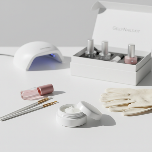 Minimalistisches Still‑Life mit offener Dose Vaseline, pastellfarbenen NailX‑Pinseln, Baumwollhandschuhen und unscharfem GellyNails‑Kit auf weißem Hintergrund.