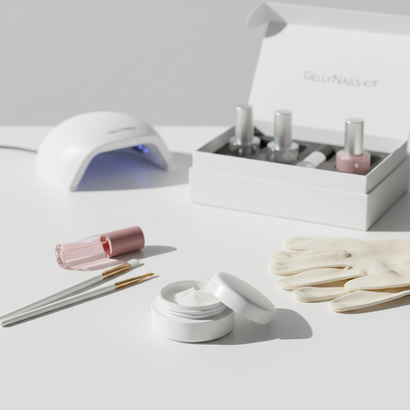 Minimalistisches Still‑Life mit offener Dose Vaseline, pastellfarbenen NailX‑Pinseln, Baumwollhandschuhen und unscharfem GellyNails‑Kit auf weißem Hintergrund.