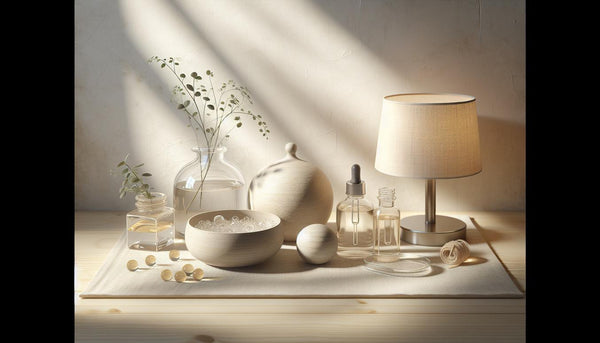 Minimalistische Arbeitsfläche mit offenen Glastiegeln, Schale mit pflanzlichen Zutaten, UV-LED-Lampe und vorgeformten Nageltips – vegane Gelnagel-Produkte.