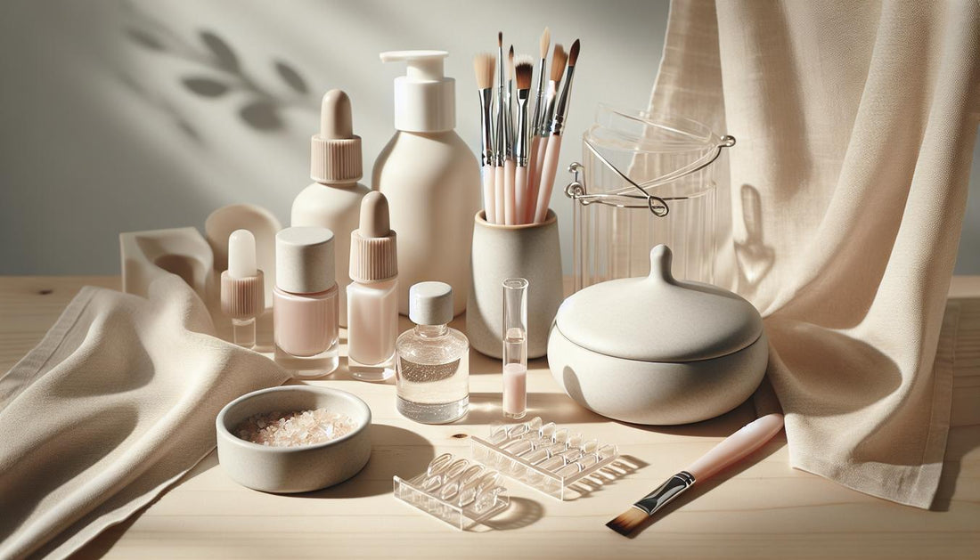 Saubere, minimalistische Arbeitsfläche mit Nageltools, offenem Starterkit und unscharfem Nail-Swatch-Display; Fokus auf Texturen und verlängerung haltbarkeit gelnägel