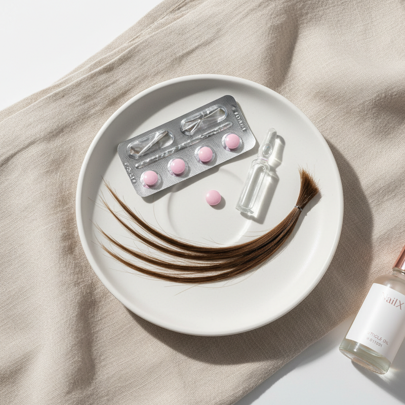Minimalistisches Stillleben mit geöffneter B12‑Tablettenpackung, Glasampulle, Haarbündel und NailX Cuticle Oil auf beigem Leinen – Vitamin B12 brüchiges Haar