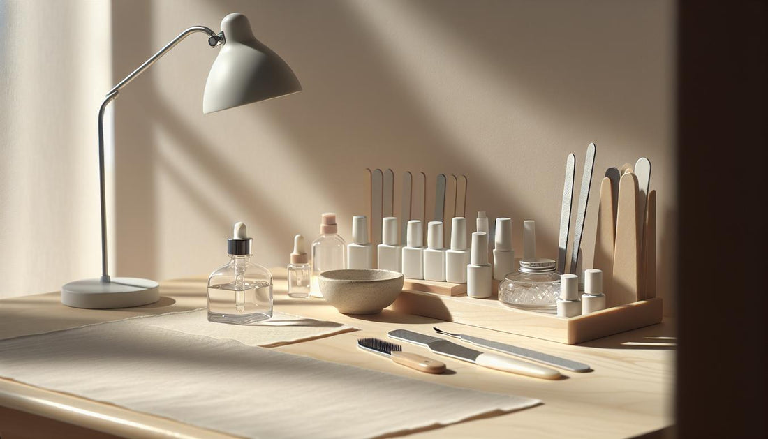 Minimalistischer, heller Nagelarbeitsplatz mit offenen Peel-off-Base-Gel-Dosen, UV-LED-Lampe, sterilen Feilen und Glas Nagelöl auf hellem Holz. Wann darf man keine Gelnägel haben?