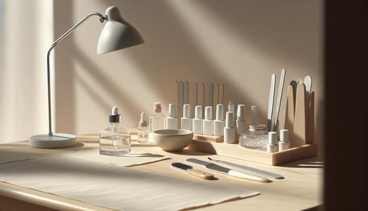 Minimalistischer, heller Nagelarbeitsplatz mit offenen Peel-off-Base-Gel-Dosen, UV-LED-Lampe, sterilen Feilen und Glas Nagelöl auf hellem Holz. Wann darf man keine Gelnägel haben?