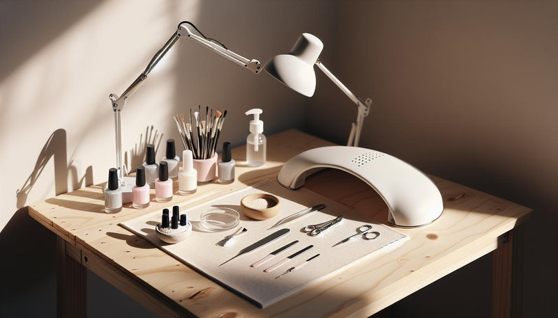 Aufgeräumter Maniküre‑Arbeitsplatz mit UV‑Lampe, Glasfläschchen, Pinsel und einem Press‑on‑Nageltip auf Schminkpad – Wann kann man keine Gelnägel machen