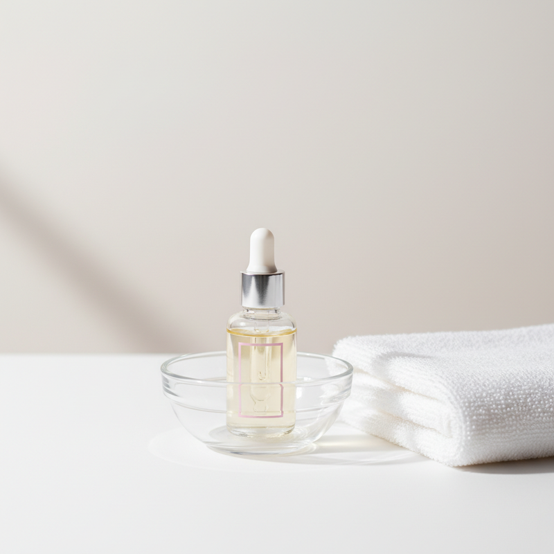 Warum schichtet sich mein Nagel – minimalistisches Stillleben: klare Glasschale mit Nagelhautöl-Fläschchen, gefaltetes weißes Handtuch, neutraler Pastellhintergrund mit #f57fb6-Akzent.