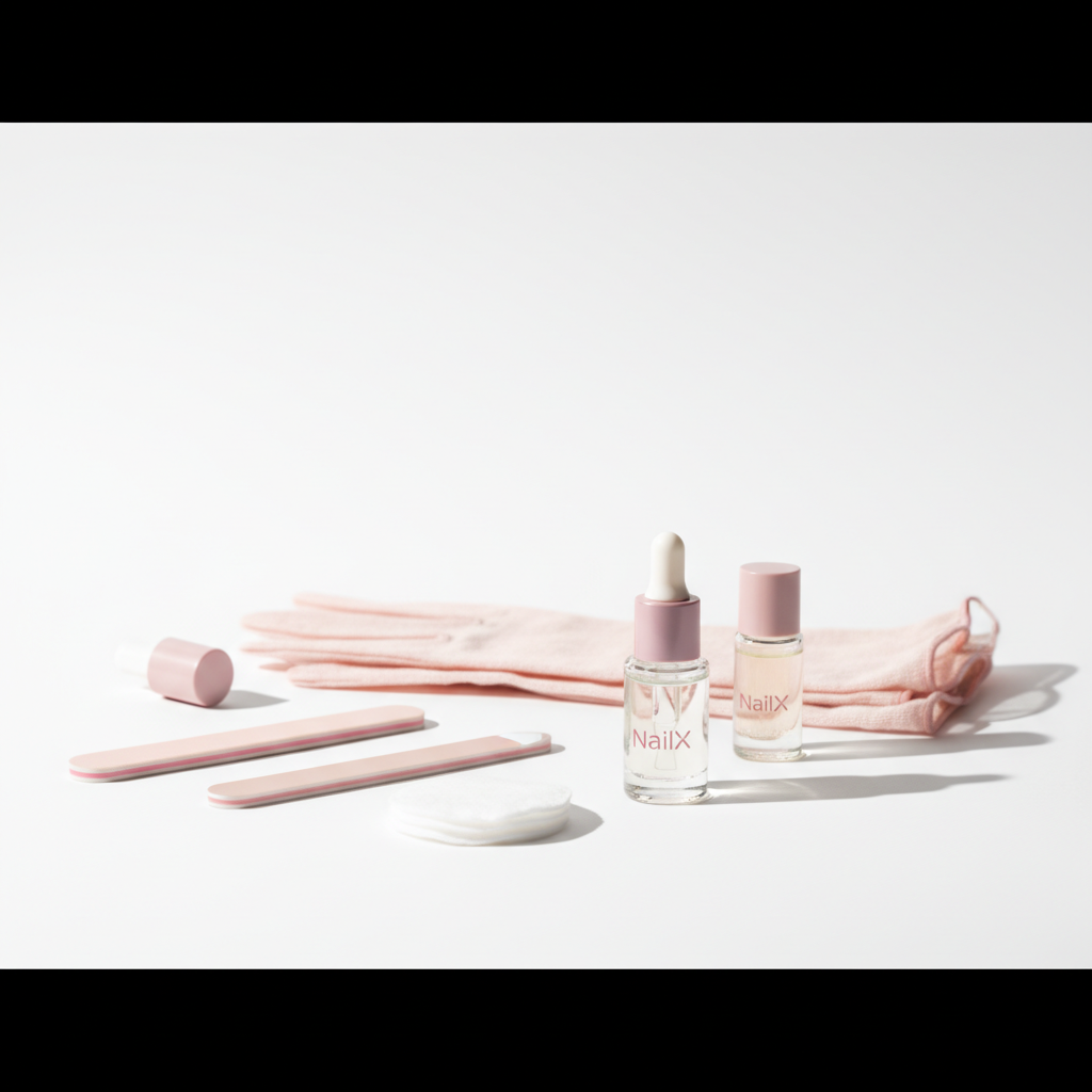 Minimalistisches Stillleben auf weißem Beauty‑Tisch mit NailX Nagelhaut‑Öl, Nagelölfläschchen, Feile und Baumwollhandschuhen im sanften Tageslicht — Warum spalten sich meine Fingernägel?