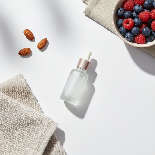 Minimalistisches Flatlay mit NailX Nagelhautöl-Fläschchen, Mandeln, Beeren, neutralem Pastelltuch auf weißem Hintergrund – Was essen für starke Nägel und Haare?