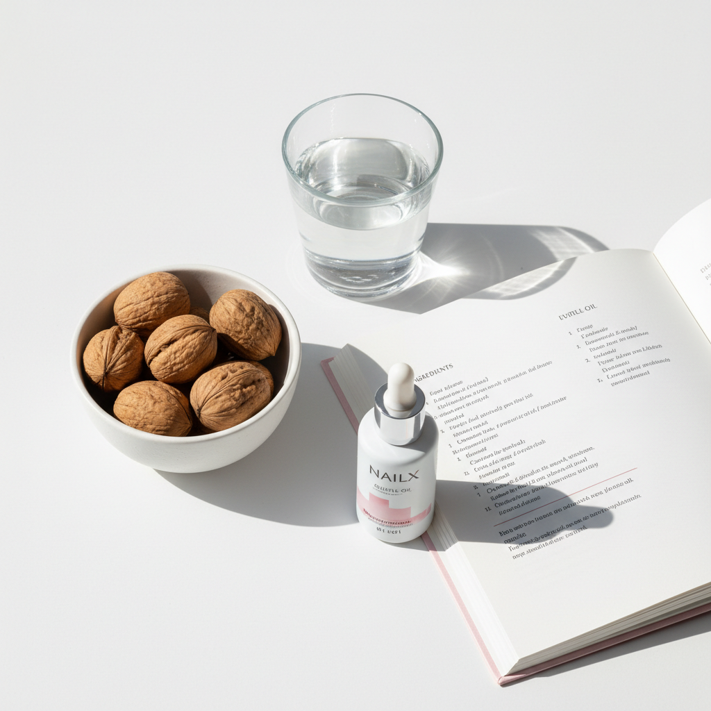 was essen für gesunde fingernägel: minimalistisches Foto mit Schale Walnüssen, Glas Wasser, offenem Rezeptbuch und NailX Nagelhautöl auf weißem Hintergrund.