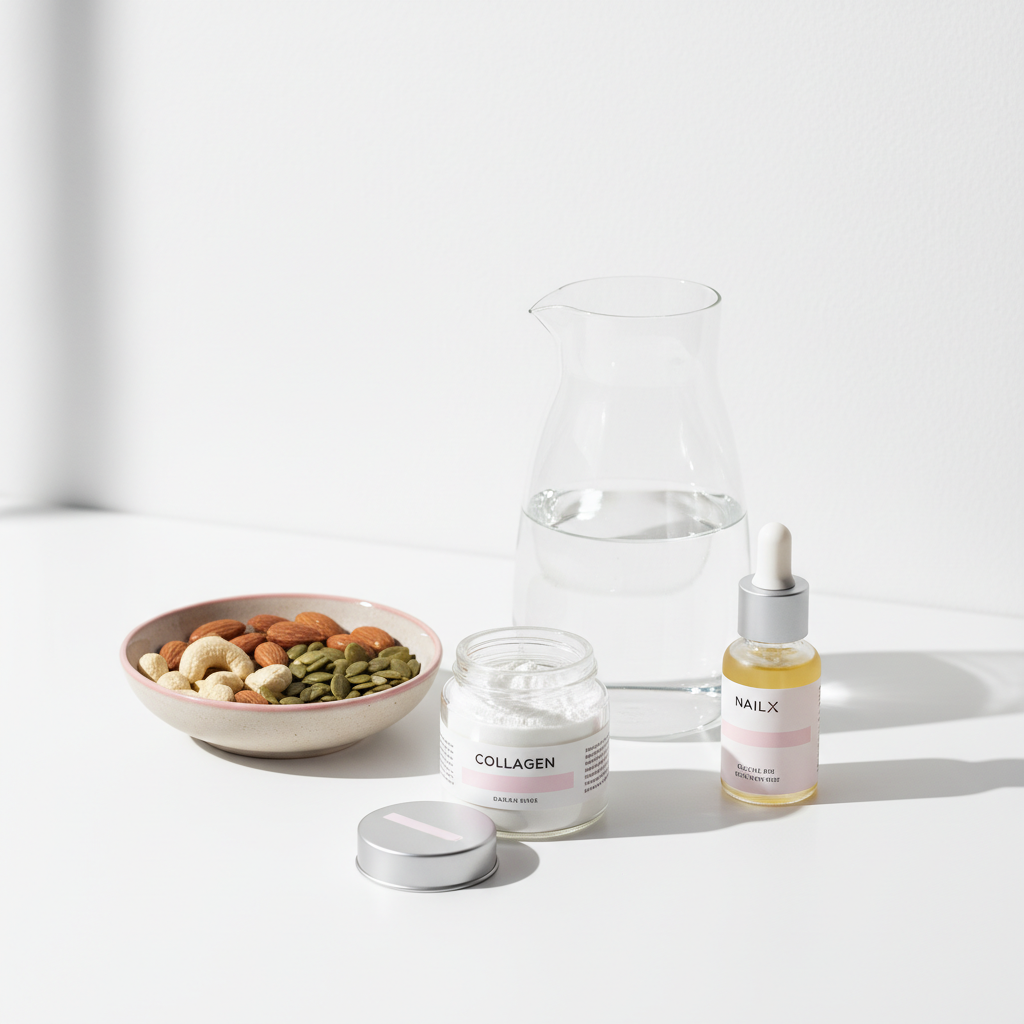 Was essen für stärkere Nägel: Nahaufnahme eines weißen Badezimmerschranks mit offenem Kollagenpulver, Glas-Karaffe, Schale mit Nüssen & Samen und eleganter Flasche Nagelhautöl.