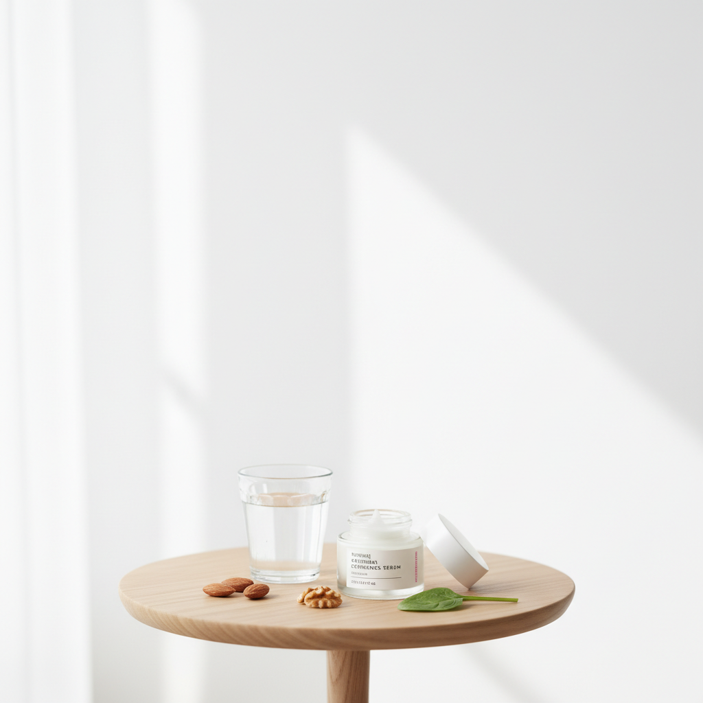 Was essen um Fingernägel zu stärken: Geöffnete Dose Naturkosmetik-Serum, Glas Wasser, Nüsse und Blattspinat auf hellem Holztisch im minimalistischen NailX-Stil