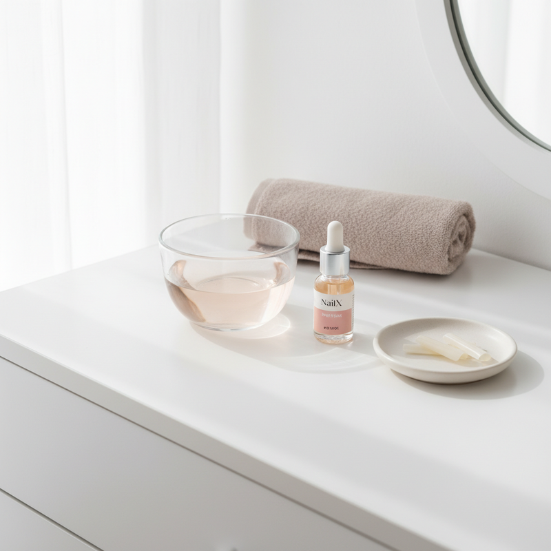 Minimalistisches Stillleben auf weißem Schminktisch mit Glasschale warmen Wasser für die Nägel, NailX-Ölflasche in Pastell, weiches Handtuch und Keramikschale mit gefeilten Nägeln.