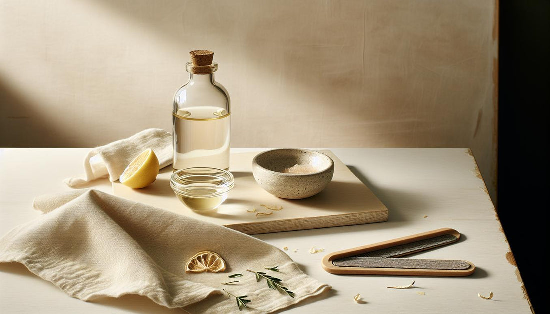 Nahaufnahme einer gepflegten, natürlichen Nageloberfläche mit offenem Glas-Nagelöl, Glasfeile und Keramikschale mit Jojoba- und Mandelöl auf hellem Holz. weiche brüchige Fingernägel