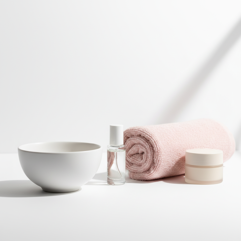 Nahaufnahme eines minimalistischen Badezimmers mit weißer Keramikschale, Nagelöl-Glasflakon, pastellrosa Handtuch #f57fb6 und Pflege-Tiegel – weiche Fingernägel härten