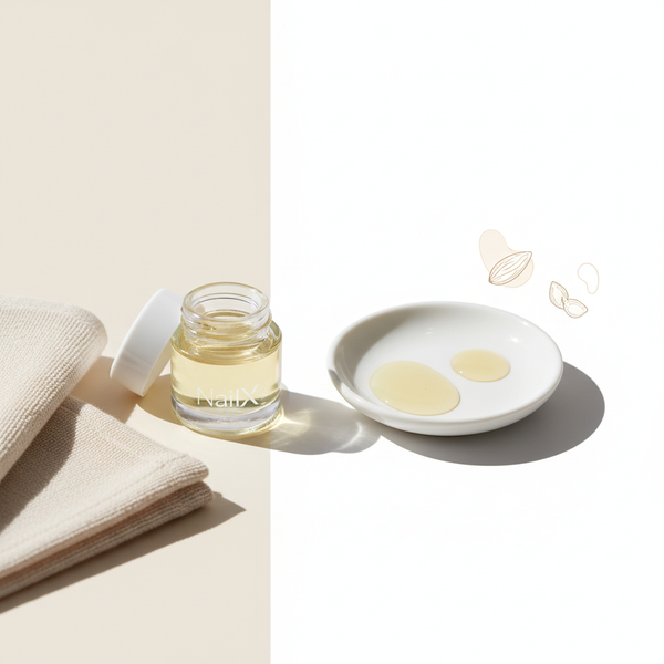 Minimalistische Nahaufnahme eines offenen NailX Nagelhautöls auf beigem Handtuch mit Keramikschale und Mandel- sowie Jojoba-Öl – Pflege für weiche Fingernägel.