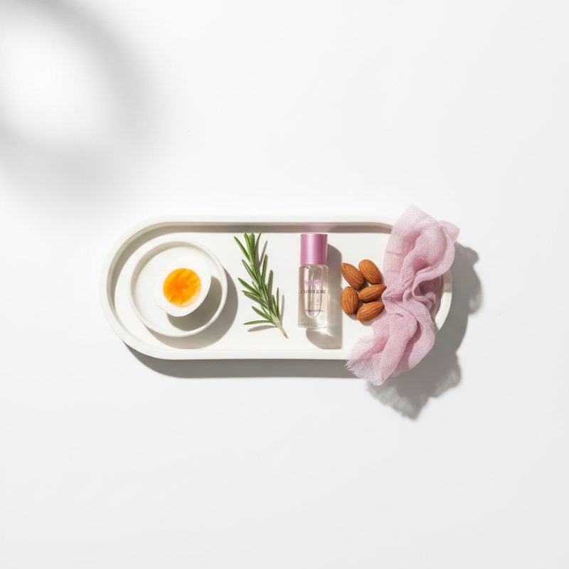 Minimalistisches Close-up eines weißen Keramiktrays mit Nagelhautöl-Fläschchen, Mandeln, halbiertem Ei und Rosmarinzweig auf weißem Hintergrund — weiche Fingernägel