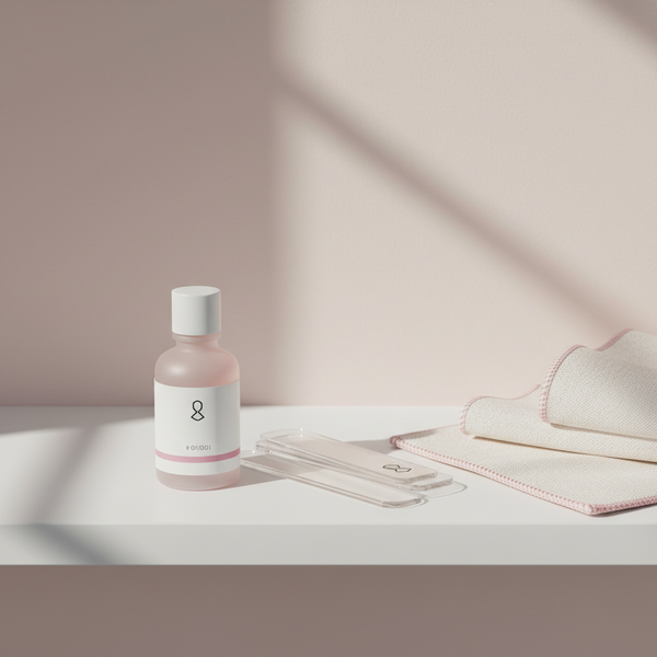 Nahaufnahme einer minimalistischen Badezimmerablage mit NailX Nagelhautöl‑Flasche, Glasfeilenset und Baumwolltuch in Pastellrosa – weiche Fingernägel stärken.