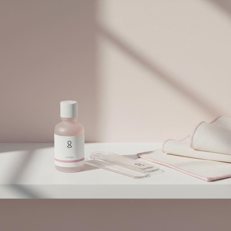 Nahaufnahme einer minimalistischen Badezimmerablage mit NailX Nagelhautöl‑Flasche, Glasfeilenset und Baumwolltuch in Pastellrosa – weiche Fingernägel stärken.