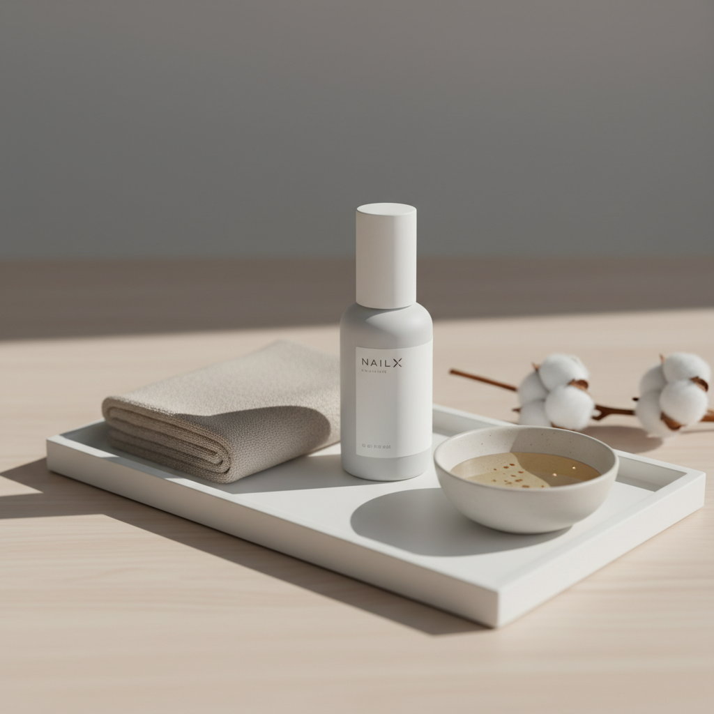 Minimalistisches Stillleben mit NailX Nagelserum, Mandelöl, Baumwollstängeln und Handtuch auf weißem Tablett – Pflege für weiche Fingernägel