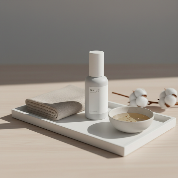 Minimalistisches Stillleben mit NailX Nagelserum, Mandelöl, Baumwollstängeln und Handtuch auf weißem Tablett – Pflege für weiche Fingernägel