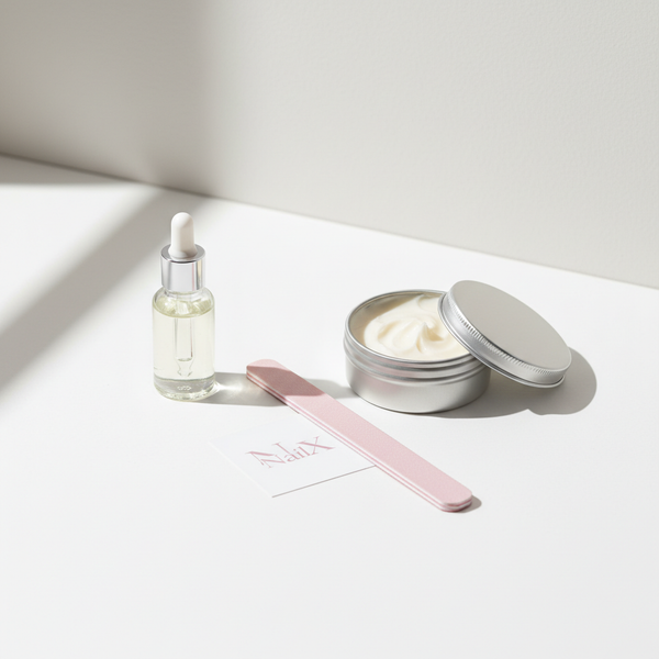 Minimalistisches Still-life mit Nagelölglas, pastellrosa Nagelfeile, geöffneter Handcreme und dezentem NailX-Logo – helle Szene für weiche Nägel.