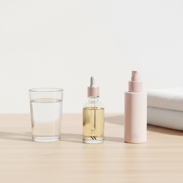 Minimalistisches Stillleben mit Nagelöl, pastellfarbenem Serum und Glas Wasser auf hellem Holztisch, ruhige Komposition, symbolisch für weiche Nägel Ursachen.