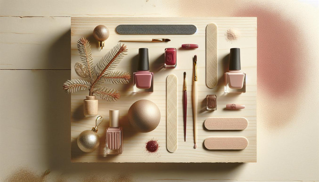 Flatlay nahaufnahme dekorativer Nagellackfläschchen in Rot, Burgunder und Gold mit Tannenzweig, Kugel und Nail‑Tools auf hellem Holz – weihnachts gelnägel.