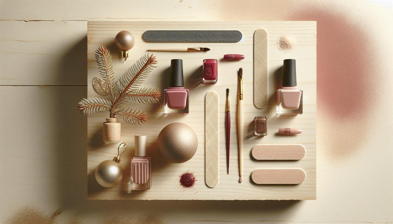 Flatlay nahaufnahme dekorativer Nagellackfläschchen in Rot, Burgunder und Gold mit Tannenzweig, Kugel und Nail‑Tools auf hellem Holz – weihnachts gelnägel.