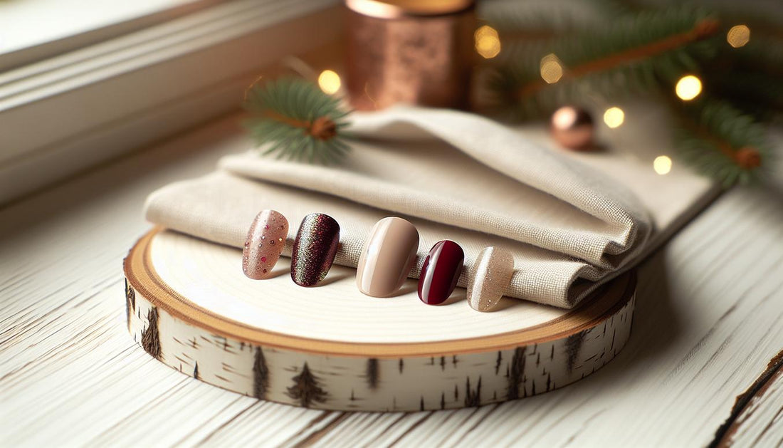 Fünf festliche weihnachts gelnägel-Tips (Rubinrot, Bordeaux, Smaragd, Nude mit Glitzer, Gold-Liner) auf hellem Birkenholz mit dezenten Tannenzweigen und warmem Tageslicht