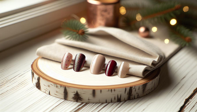 Fünf festliche weihnachts gelnägel-Tips (Rubinrot, Bordeaux, Smaragd, Nude mit Glitzer, Gold-Liner) auf hellem Birkenholz mit dezenten Tannenzweigen und warmem Tageslicht