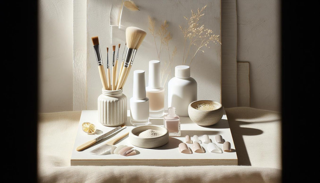 Helle Nahaufnahme eines minimalistischen Maniküre-Setups mit weißen Gellack-Fläschchen, UV-LED-Lampe, Pinsel und Nagelöl – Kontext für weiß lackierte Fingernägel