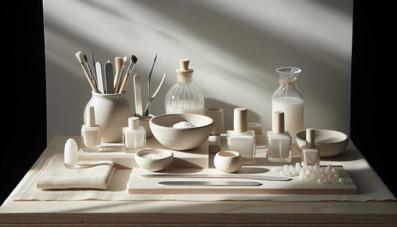 Studio-Nahaufnahme einer hellen Holzablage mit Feilen, Buffer, kleinen Döschen weißes Pigment und offenem Top-Coat – weiße Acrylnägel kosten sichtbar, minimalistisch