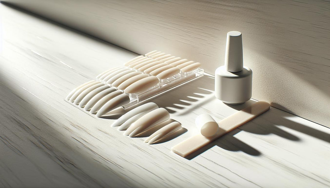 Mehrere abnehmbare Nageltips mit weißen Designs (Punkte, Streifen, Vollweiß) auf hellem Holz; weiße fingernägel bedeutung, geordnetes Starter-Kit, sanftes Tageslicht.