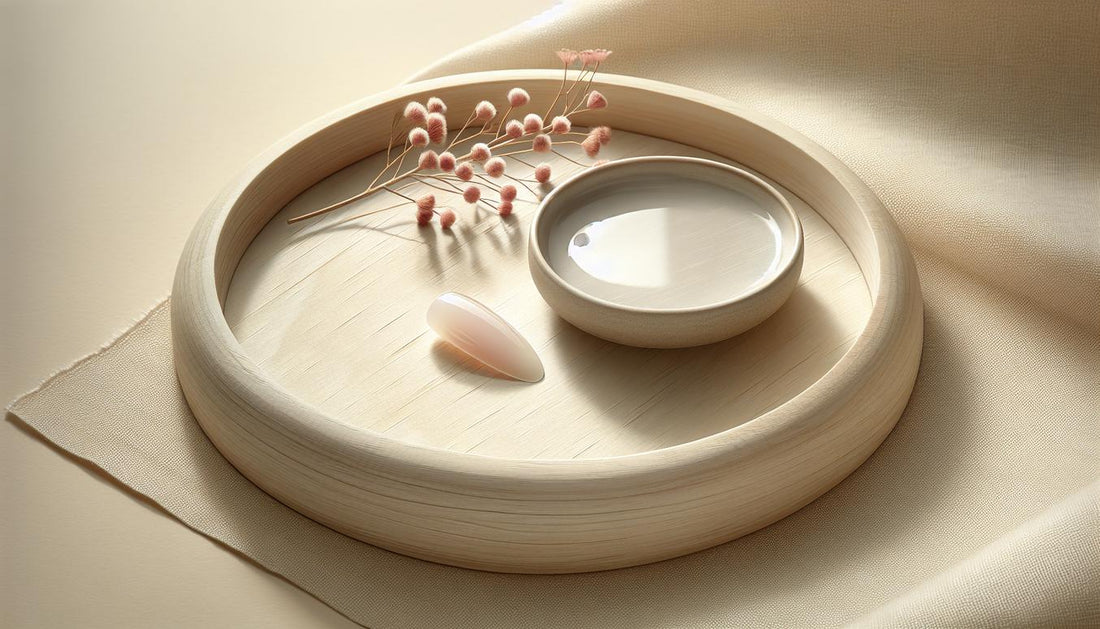 Detailaufnahme eines glänzenden weißen Gelnagel-Tips auf hellem Birkenholz mit sanften Lichtreflexen, rosa Blütenblättern und schwarzem Nagelpinsel – weiße Gelnägel