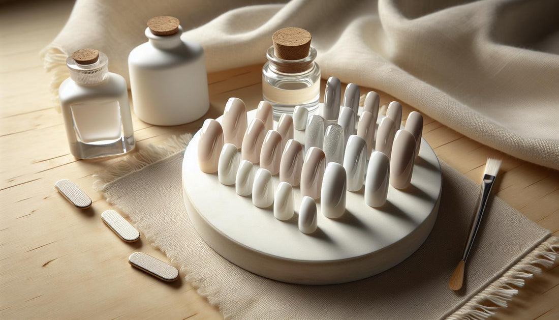 Nahaufnahme von sorgfältig arrangierten weißen Gelnägeln (Full White & milchiges Weiß) auf Keramikdisplay mit Glas-Tiegel, Glasfeile und Nagelöl vor hellem Birkenholz